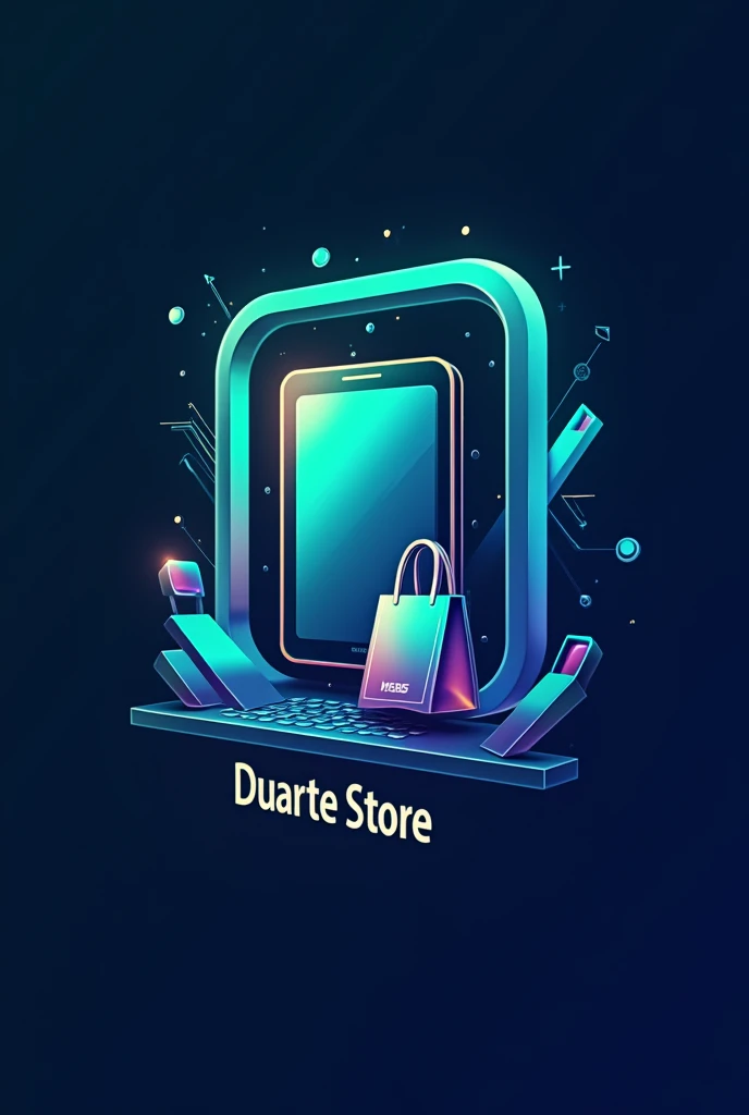 Create a futuristic logo for an electronics store called 'Duarte Store'. The logo should include elements such as a cell phone and a shopping bag. Use bold colors such as blue and green, but feel free to add other vibrant colors. The design should convey a modern, technological style, with shapes and lines that reflect innovation and sophistication."