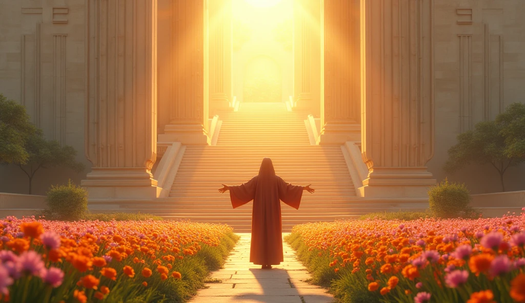 A temple on top of a flower field with colorful flowers with a wide staircase with a first-person view with sunlight in the background and a man in a robe with open arms waiting at the top of the staircase