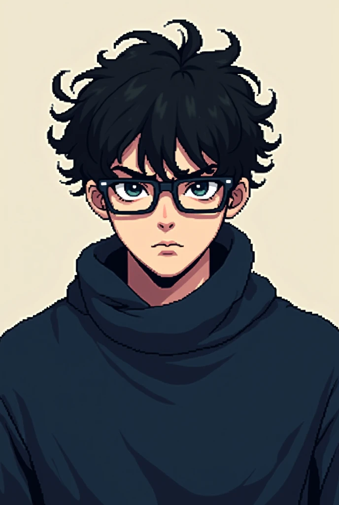 Strong emo pixel art man with black curly hair, wearing glasses and a navy blue sweater