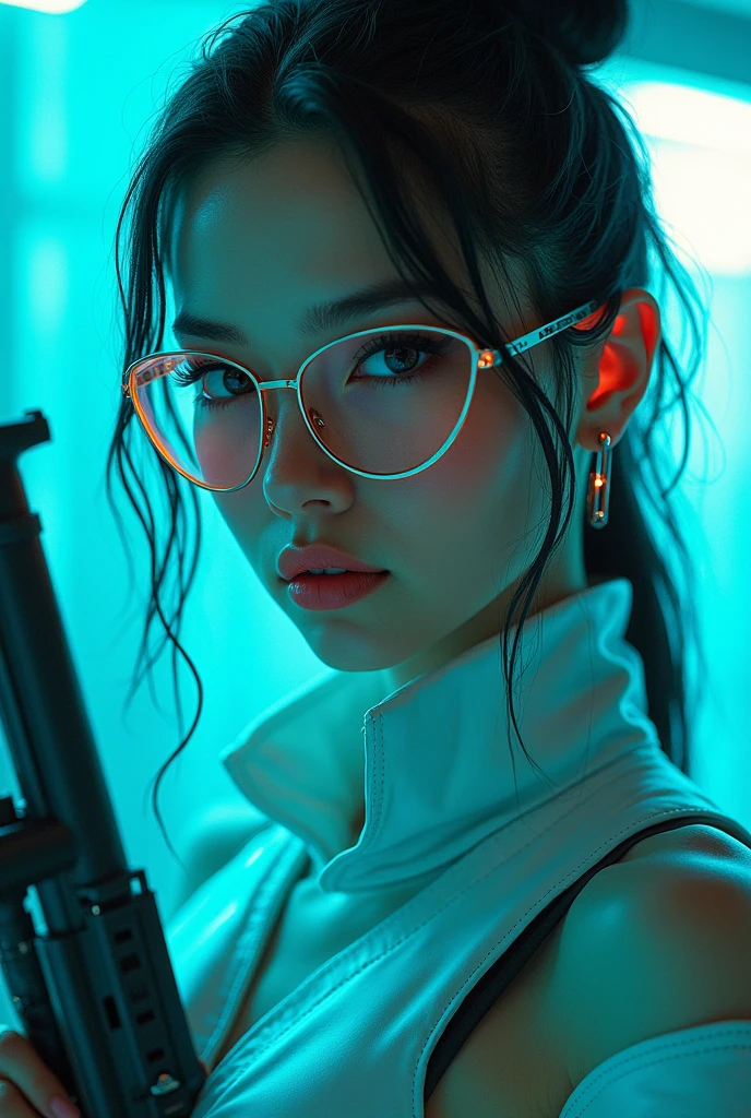 a beautiful young Caucasian woman is wearing metal for the futurist, cyberpunk, futuristic technology, and girls holding weapons in dazzling colors, wearing science fiction glasses, in the style of yuumei, light turquoise and light silver, waist shot, 8k resolution, joong keun lee, tanya shatseva, light arcade neon colours