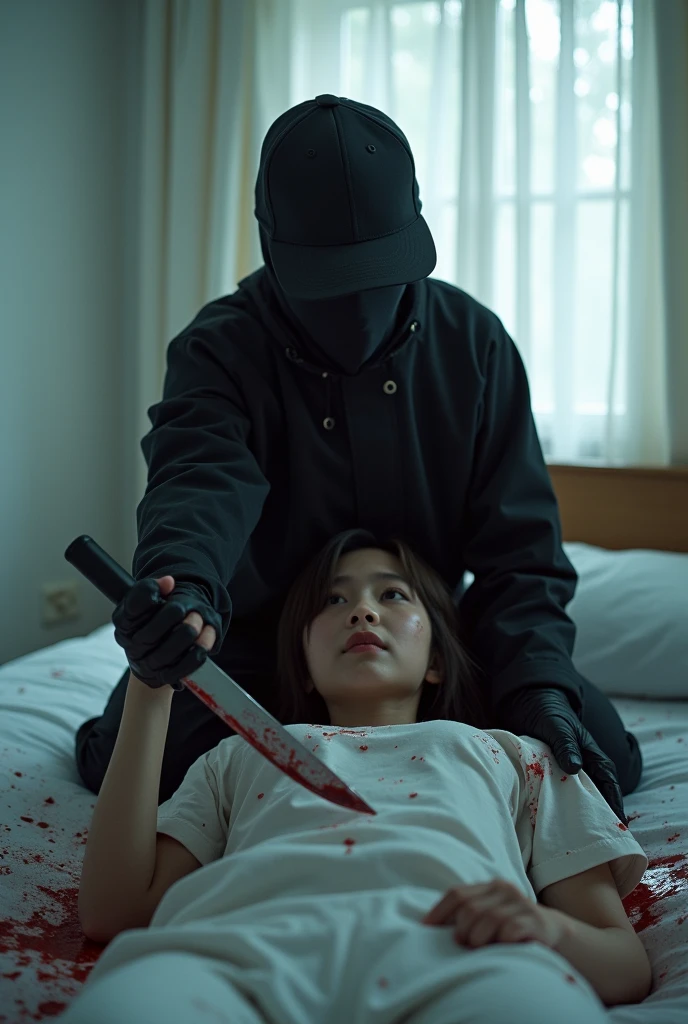 korean girl, (behind stiff, holding knife), stabbing, black balaclava mask, black gloves, white room, black raincoat, black wet suit, trucker hat, bloody knife, black gloves,, woman on top, behind cadaver, blood splatter, on the bed, girl only, looking at viewer, mass murderer, killer, blood splatter, atmospheric realistic, light from the window,