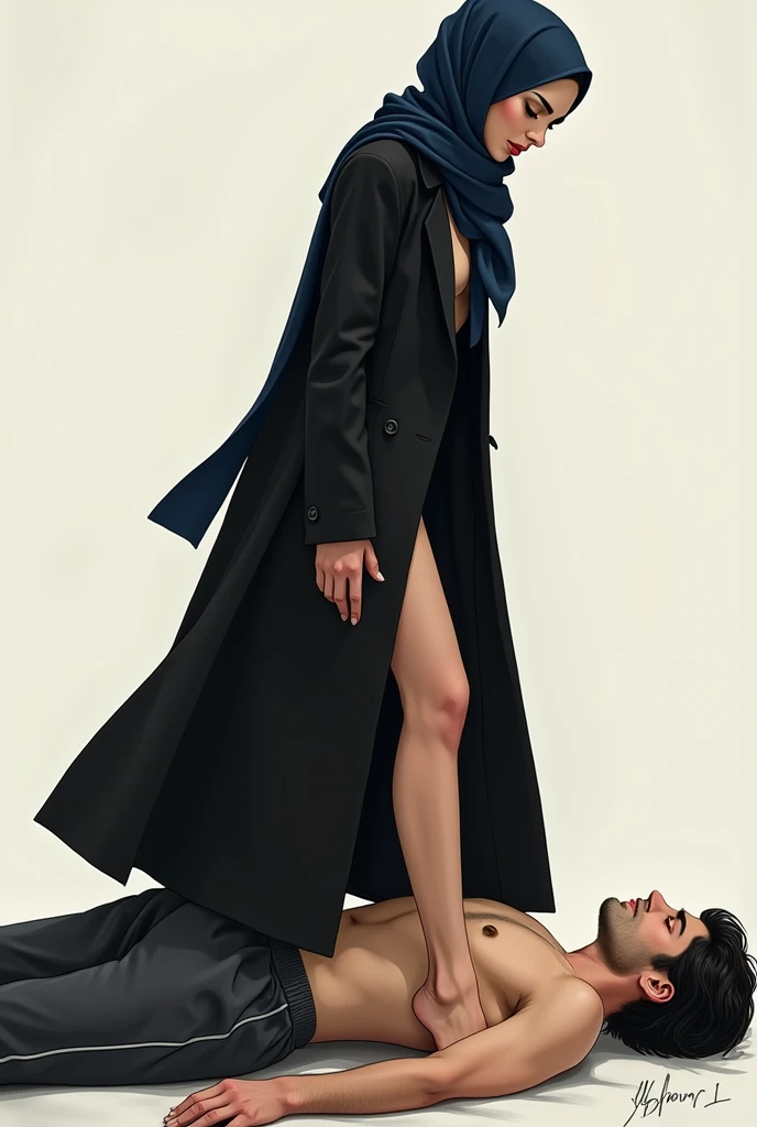 Sahilfe Navy blue headscarf, Black long coat, barefoot, Sexy skinny woman. Man lying in front of woman. Woman puts her foot on the front of man's sweatpants.