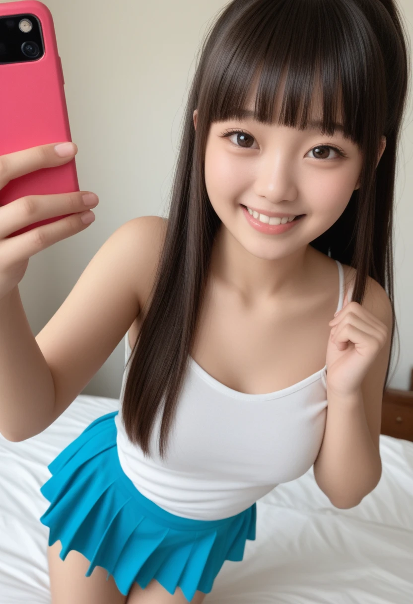 (Masterpiece, BestQuality:1.2), (hyperrealistic:1.1), (8k,Photorealistic), (superrealistic:1.4),******-girl taking a selfie,japanese,tween,ponytail,camisole,((skirt-lift and shows her panties)),(visible panties),(she takes pleasure in showing her panties),(she is holding a smartphone in one hand and taking a selfie), She is smiling brightly and posing happily,The background is the girl's room.BREAK (beautiful detailed teeth, eyes with large brown irises, blunt bangs,small mouth, fresh lips,nose blush),shiny skin,