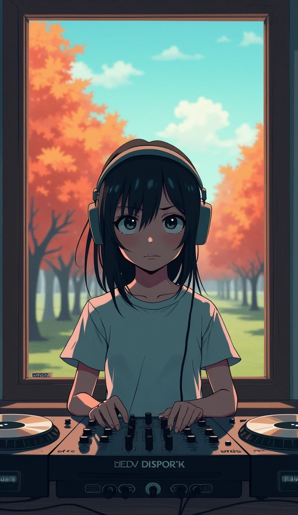 girl playing dj、,Wearing headphones、Looks boring、Outside the window is a park. autumn. autumn. Adrian Jeanie style, Try Andrews, Aesthetics 90s Anime.