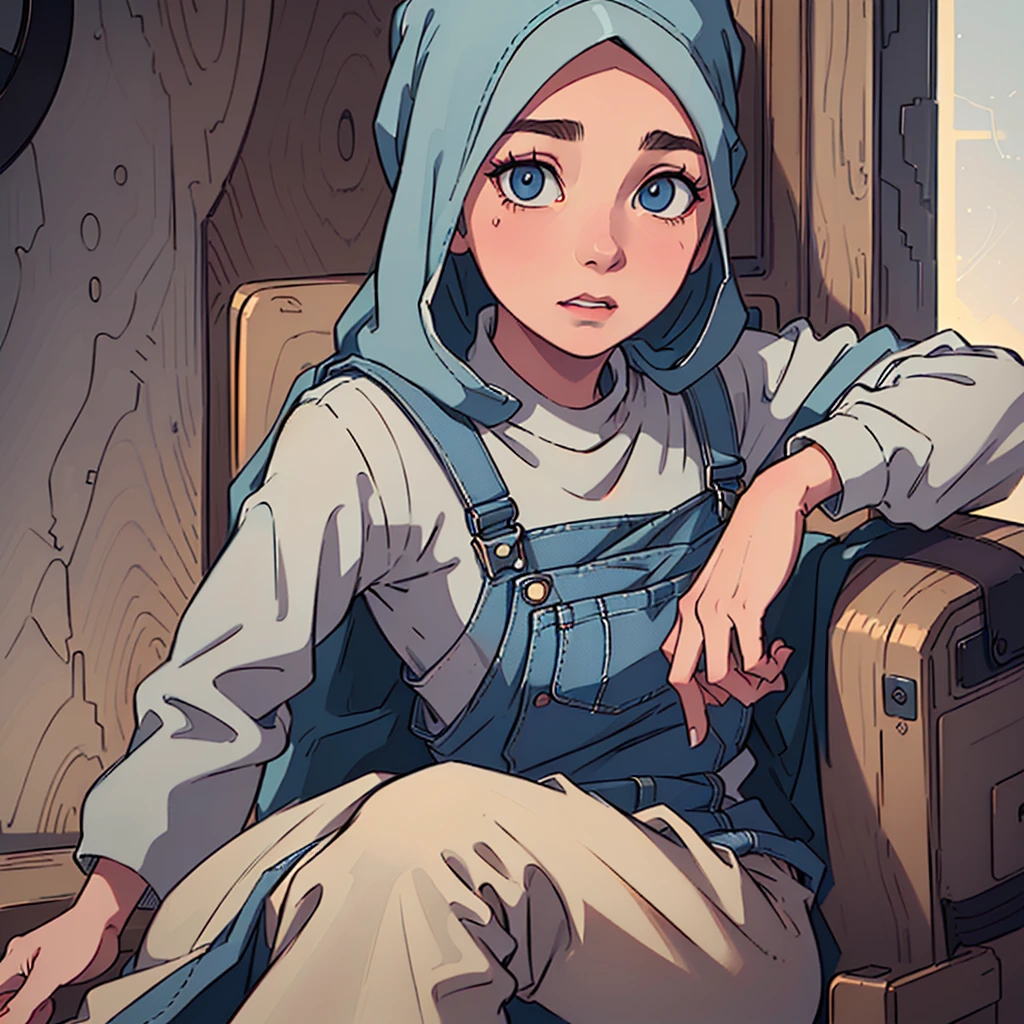 a young woman wearing a hijab, denim overalls, brown long sleeve shirt, embarrassed expression, wet stain on pants, realistic, photorealistic, 4k, highly detailed, cinematic lighting, warm color tones, beautiful detailed eyes, beautiful detailed lips, extremely detailed face and portrait