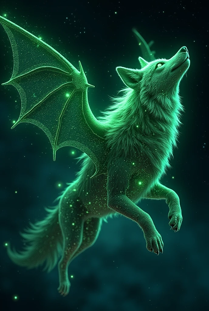 Create a wolf constellation with bat wings, six eyes are 2 green stars