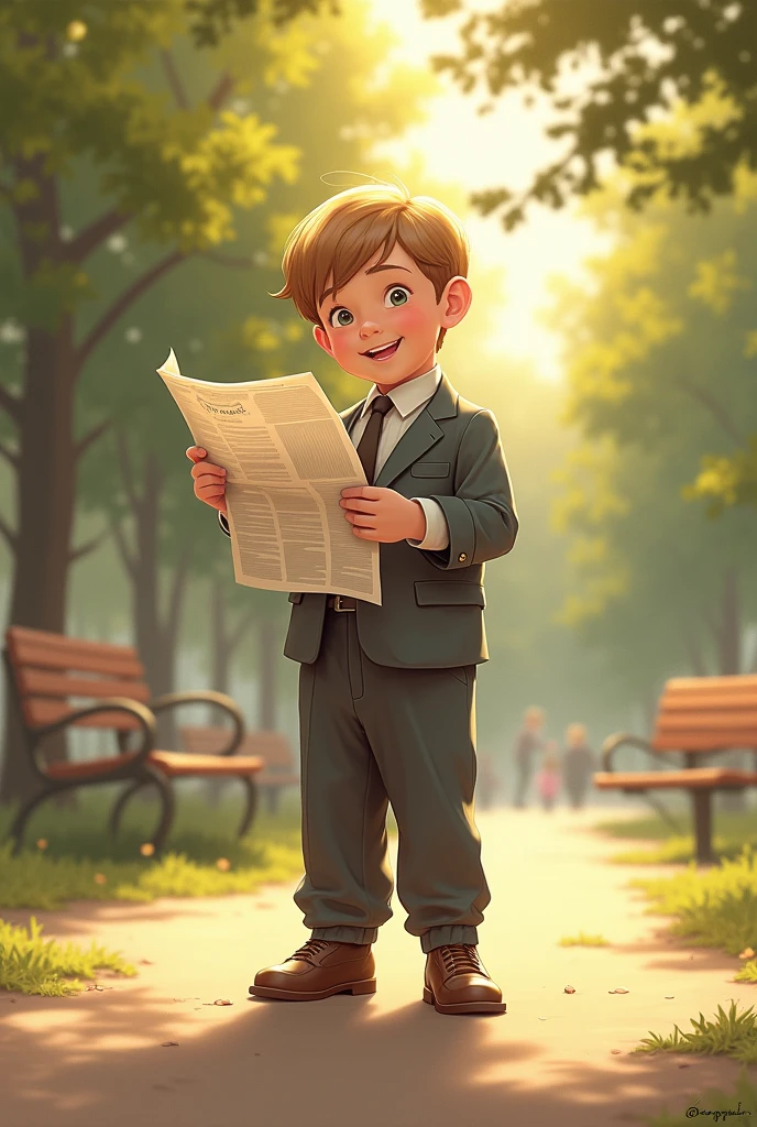 "A sunny park with trees and a bench in the background. A 5- boy stands at the center, dressed in an oversized adult suit with large pants, a buttoned shirt, a tie, and shoes that are clearly too big for him. The boy is smiling, holding a large cookie in one hand and pretending to read a newspaper with the other. The scene is warm and nostalgic, with soft, warm colors that evoke a sense of innocence and childhood memories. The overall atmosphere is peaceful and inviting, capturing the contrast between childhood playfulness and adult roles." Con la mano igual, pero sin galleta
