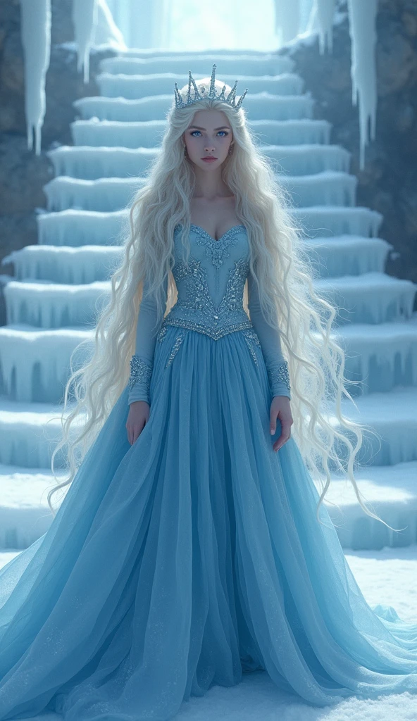 The snow queen,Ice Blue Skirt,Little Queen'crown,Long blonde hair,Blue Eyes,anger,Ice palace stairs background,Unleash the Blizzard Magic,Very high resolution,Full body portrait,Upper Body,close
