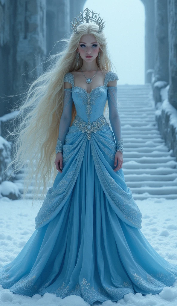 The snow queen,Ice Blue Skirt,Little Queen'crown,Long blonde hair,Blue Eyes,anger,Ice palace stairs background,Unleash the Blizzard Magic,Very high resolution,Full body portrait,Upper Body,close