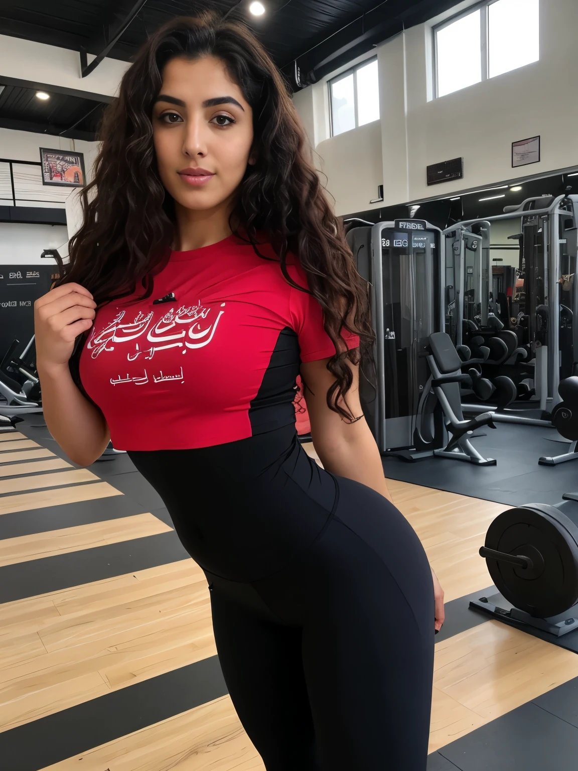 masterpiece, best quality), lovely woman, (((afghan))), (((afghan woman))), T-shirt rouge, legging, coal, wavy hair, visage parfait, nice face, Alluring, De grands yeux magnifiques, open mouth, contenu, Corps slim fit parfait, (interior), gym, Couleurs vives