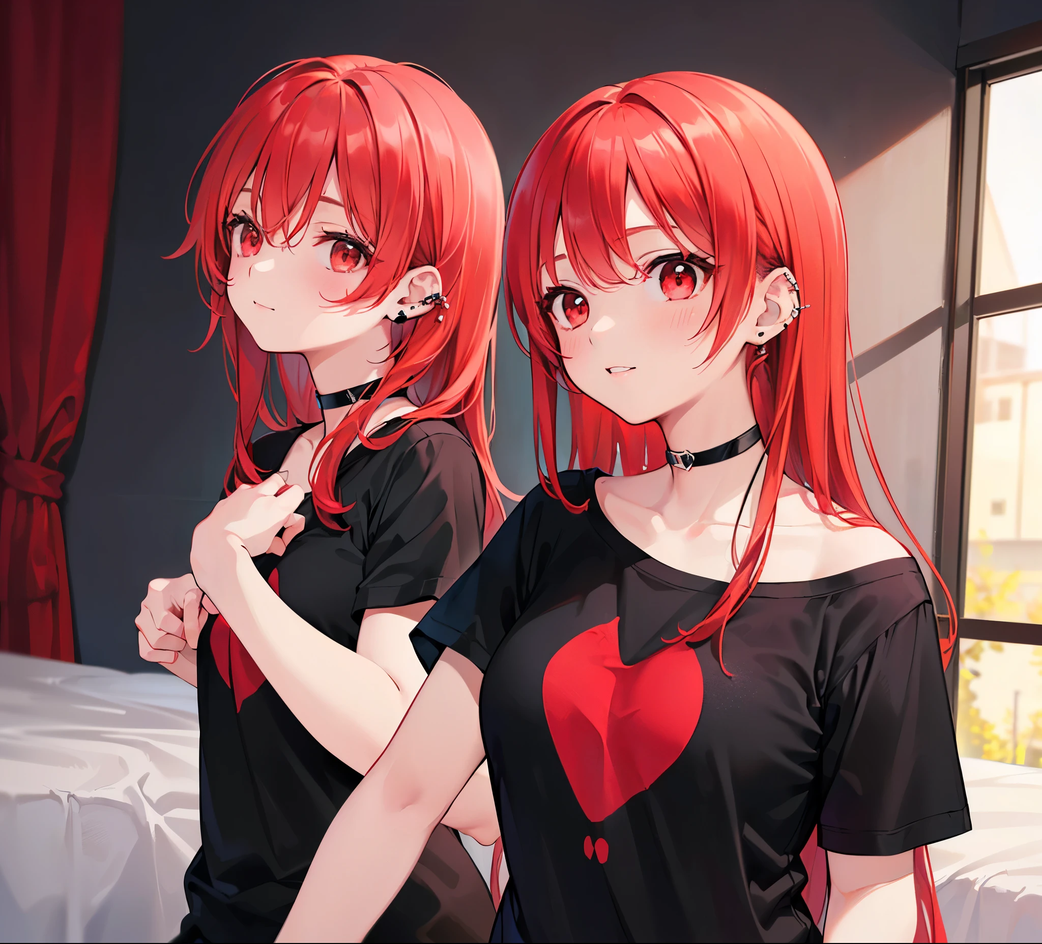 Realistic,Highest quality, Ultra Detail, High-quality CG rendering, The most delicate and beautiful, Floating softly, High resolution, (1 girl), (Highest quality,4K,8k,masterpiece:1.2),(Bright Red Hair:1.5), (Semi-long hair:1.5),(Red eyes:1.5),(Slightly larger breasts:1.2),(Black oversized short sleeve t-shirt:1.5),(Piercing in left ear:1.3),Inside the room,smile,bed,(bedに座っている:1.3),(Pitch black choker:1.5),(Turn your back to your audience:1.3)