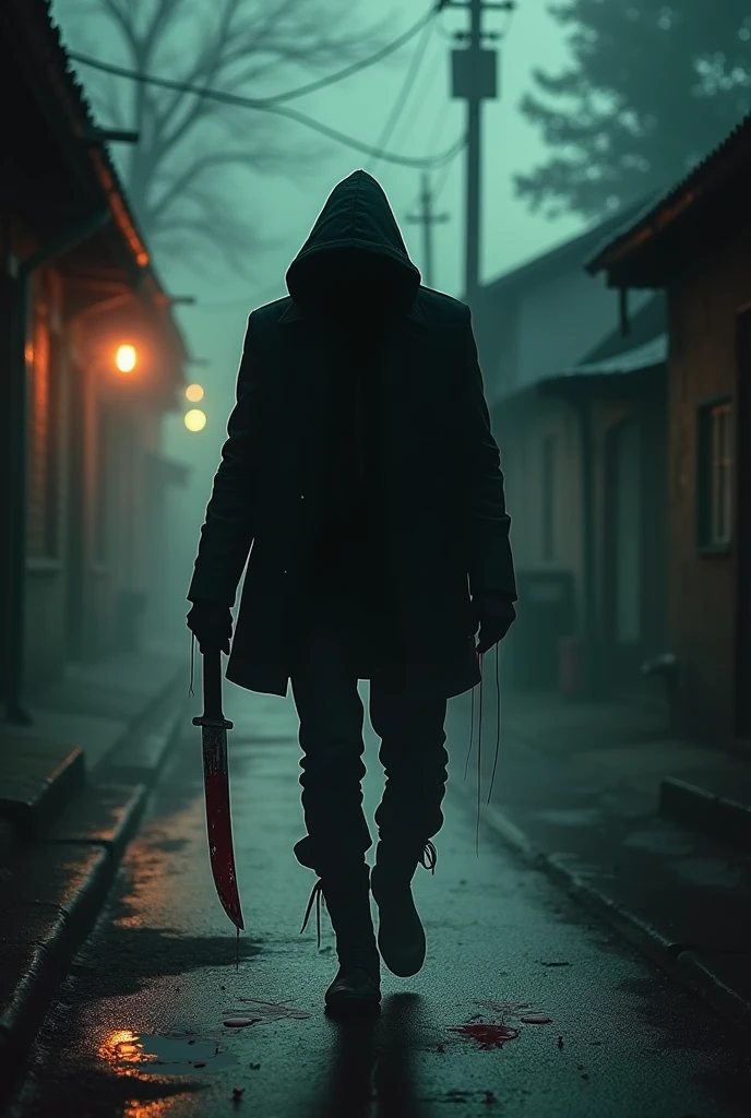 Make me a picture of a tall man with a bloody machete and a black jacket, black boots and black pants, but at the moment don't draw him as a person, but as a black shadow that is only a shadow and that is in a town full of walks, fleeing from leaving a body in the middle of the street, it's for a crime novel.