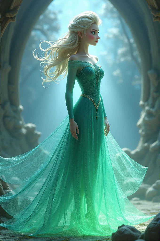 Image of a Green Elsa turning half of her body invisible
