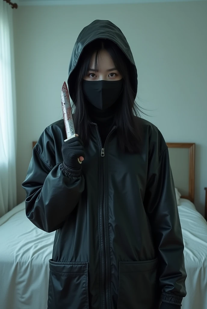 korean girl, (behind stiff, holding knife), stabbing, black balaclava mask, black gloves, white room, black raincoat, black wet suit, trucker hat, bloody knife, black gloves, woman on top, behind cadaver, blood splatter, on the bed, girl only, looking at viewer, mass murderer, killer, blood splatter, atmospheric realistic, light from the window,