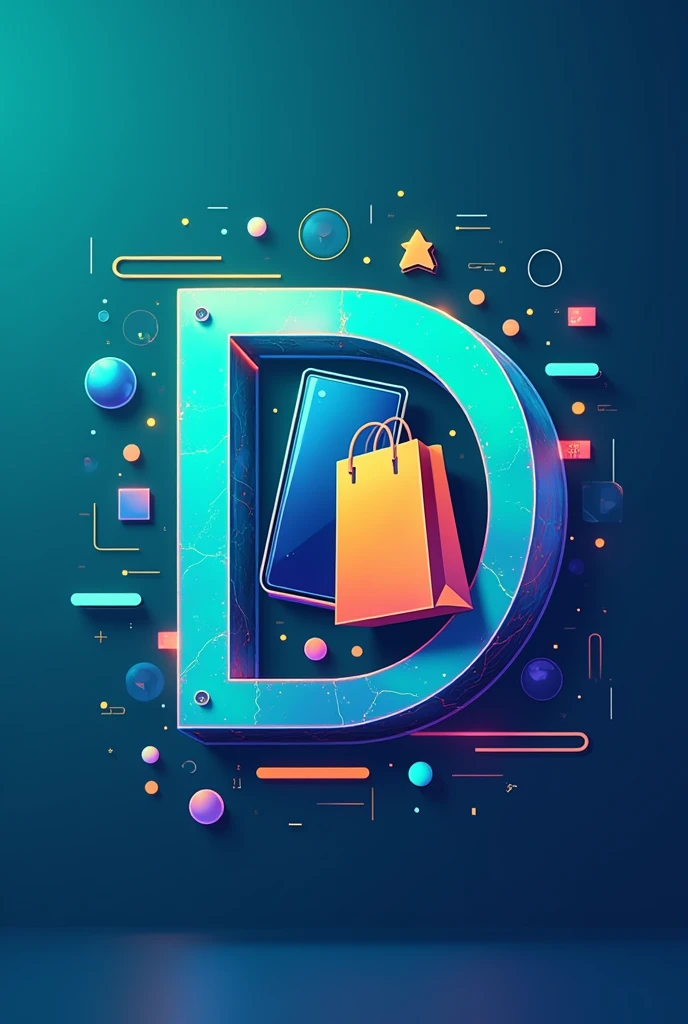 Create a futuristic logo for an electronics store called 'Duarte Store'. The logo should include elements such as a cell phone and a shopping bag. Use bold colors such as blue and green, but feel free to add other vibrant colors. The design should convey a modern, technological style, with shapes and lines that reflect innovation and sophistication."