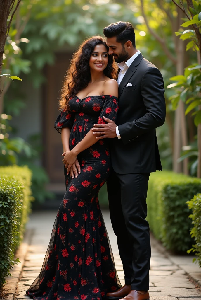 A beautiful sri lankan lady with curly long voluminous hair, fair golden and clear skin, has hourglass body shape , wearing a beautiful flower bodyconn dress, happy, standing in a beautiful nature can clearly see hourglass bodybshape, eye catching beauty..i need the full body picture..and not that much slim .she should have a medium size body.dress should be black and with small rose flowers .it should be long body conn dress which should length upto ankle..f,owers should be reallu small and red..she should be with a really handsome tall man