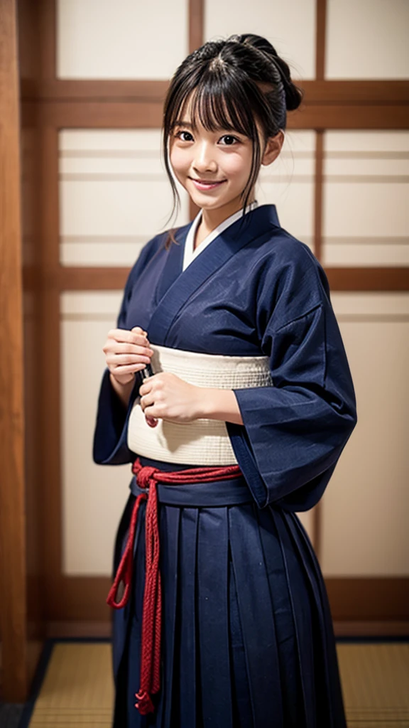 Photo quality, 8k, Cute girl, smile, Traditional Japanese Kendo Uniform, Traditional Japanese Hakama, Accurate arm and hand detailing, Swinging a sword, Stretch your arms, Elevate your legs, Do a high kick