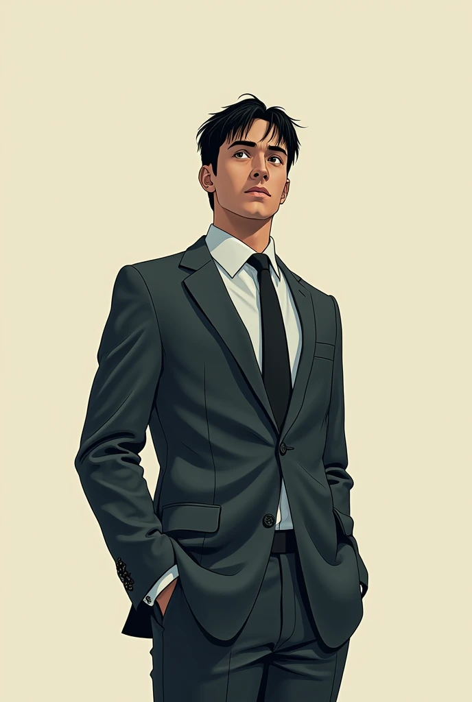 A men with short black hair, wearing suit on his wedding day, alone without bride, looking at someone while sadly smile in comic