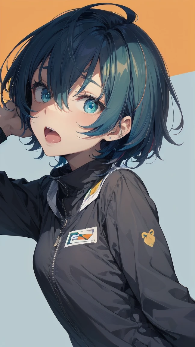 Close-up of a manga girl with blue hair and a yellow shirt, 2D Animation, 2D Animation style, 2D Art, 2D Art, 2D from Gorillaz, 2D from Gorillaz, 2D Gorillaz, Screaming Cerket, 2D Sprite, Jinx Face, short hair, Small breasts, hot pants, ((Black Hair, Inner bright blue hair:1.4))