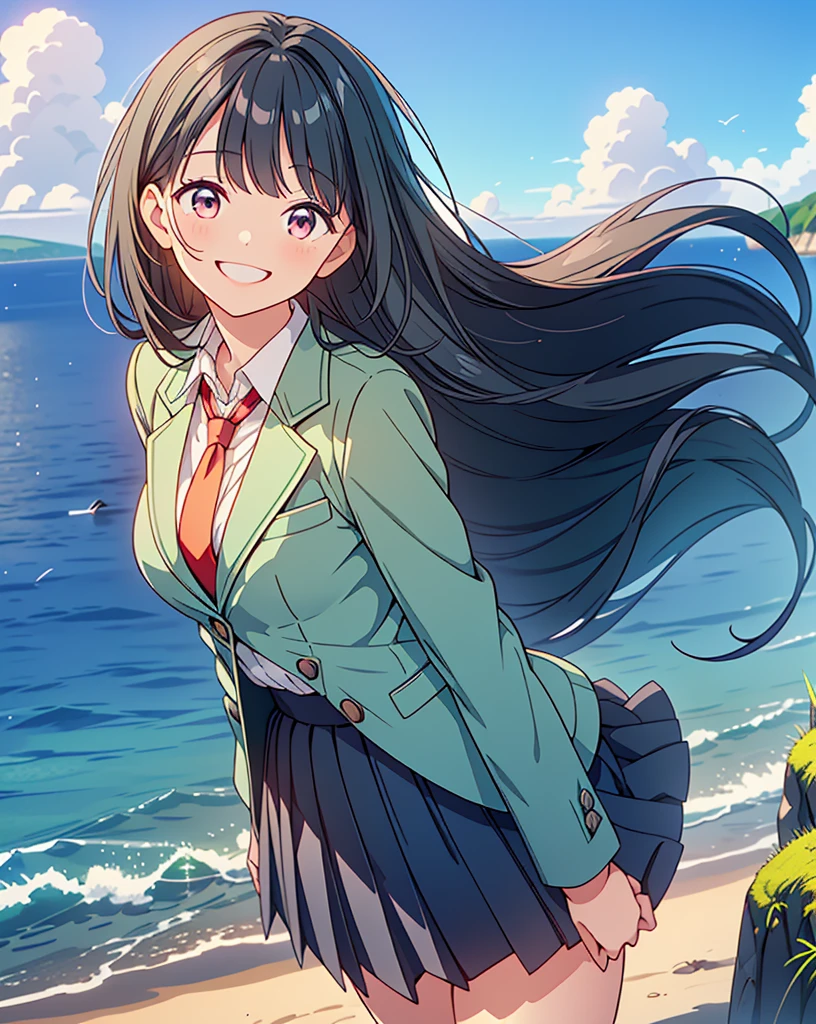 Highest quality, 32K, High resolution, masterpiece:1.5, One beautiful girl, Illustration with anime touch, Rich emotional expression, An exceptionally beautiful face, Perfect Human Anatomy, Perfect hands, Thumb and４Finger, Big red eyes, ((A happy smile:1.5)), shiny black hair, Long Hair, Asymmetrical bangs, Hair between the eyes, Transparent, soft white skin, Detailed and cute lips, ((Moss green blazer:1.1)), Red tie, Grey pleated skirt, Sea view road, ((blue sea:1.2)), ((Ultra-detailed and beautiful blue sky:1.2)), Gentle sunlight, mysterious