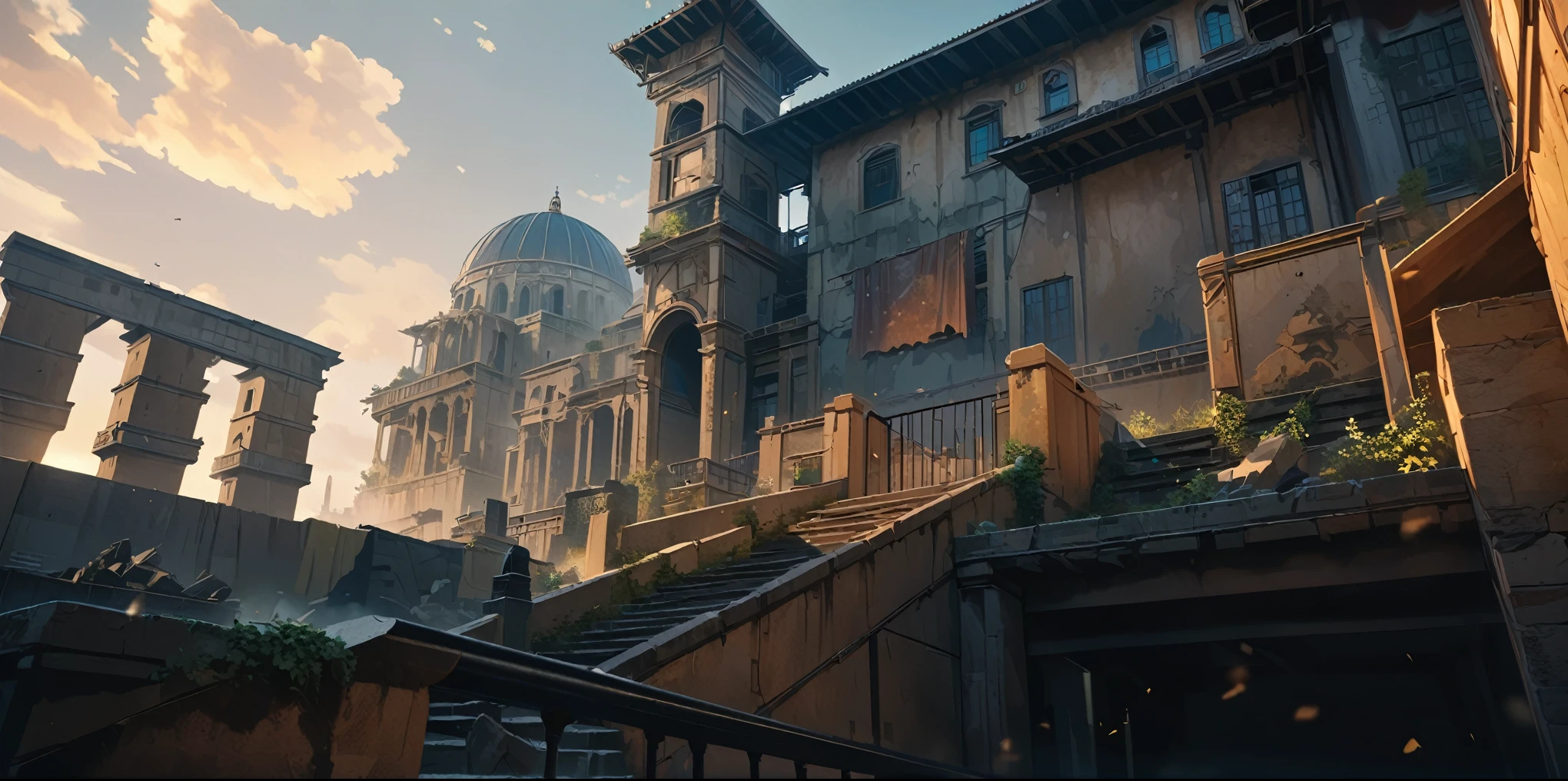 Anime Aesthetics, 动漫landscape, 景观landscape, (Yellow Tones, Blue tint,金色和红色的architecture,Colorful picture:1.2),(dusk:1.3),elden ring movie lighting, Inspired by Elden Ring, Farum Azoula, 古architecture, Rome style, Rocks floating in the air, Crumbling city, Megastructures, Moments before the Battle, dust in the air, Epic scenes, atmospheric opinion, Wide-angle lens, From below, From the outside, high resolution, 8K, best quality, Super Detail, The award-winning, masterpiece,unmanned, landscape, architecture, outdoor, Sky, stairs, window, railing,