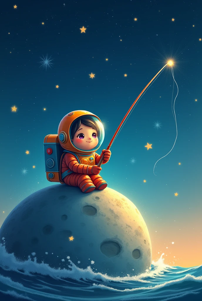 A high quality image of a brightly colored animated astronaut sitting on a round moon fishing for stars in the sky , with a sky background