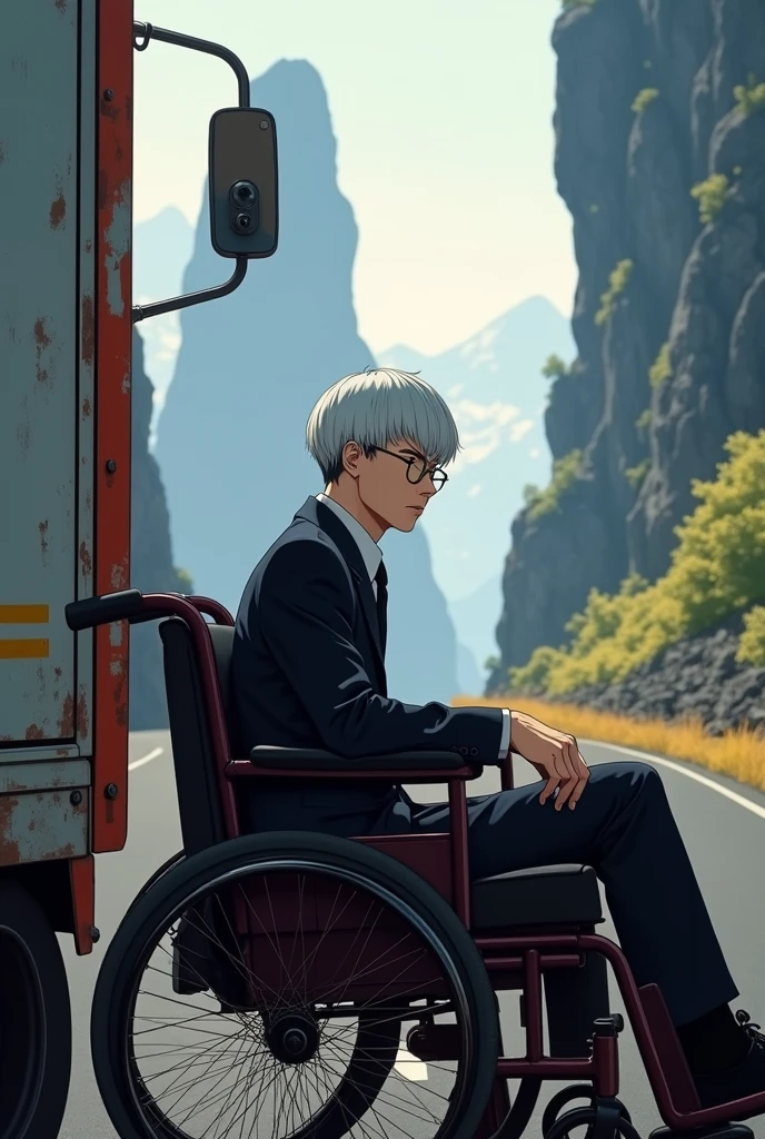 Japanese beautiful comics,Background mountain road,A red container truck,Handsome male protagonist,White short hair,Black suit,Gold glasses,Sitting in a wheelchair,At the front of the truck
