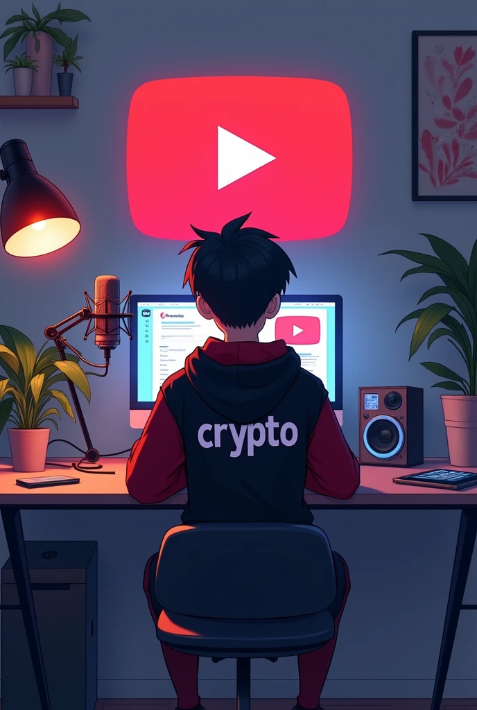 Create a image of "A 18 years anime boy sitting in front of a computer desk with a microphone and laptop, wearing black and red hoodie with the Channel Name on it "CRYPTO". The background includes a large YouTube logo on the wall, potted plants on either side, and various recording equipment."