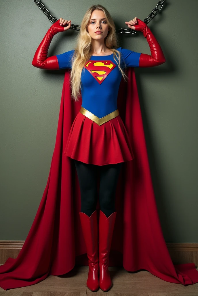 supergirl, full blue body suit, long blonde hair, red elbow gloves, red gauntlets, black tights, red boots, red skirt, gold belt, really long red cape, standing, looking straight, full image from head and legs, realistic, bdsm, bondage, bound, bondage, Chained, hands chained above head handcuffed to ring on the wall, wall mounted chained chain
