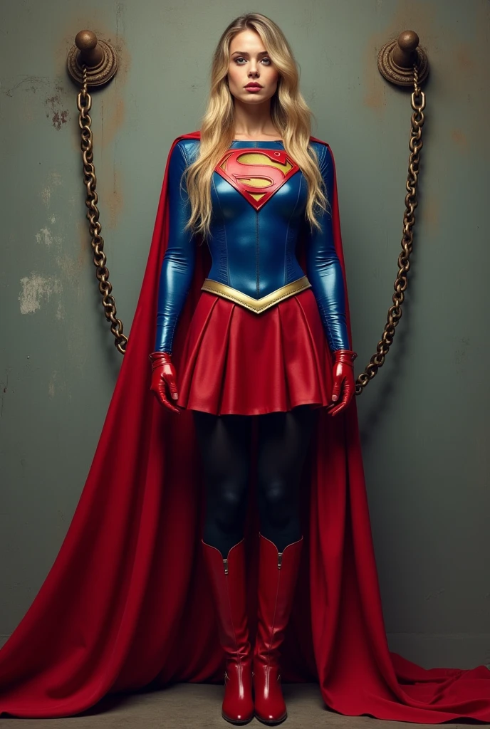 supergirl, full blue body suit, long blonde hair, red elbow gloves, red gauntlets, black tights, red boots, red skirt, gold belt, really long red cape, standing, looking straight, full image from head and legs, realistic, bdsm, bondage, bound, bondage, Chained, hands chained above head handcuffed to ring on the wall, wall mounted chained chain