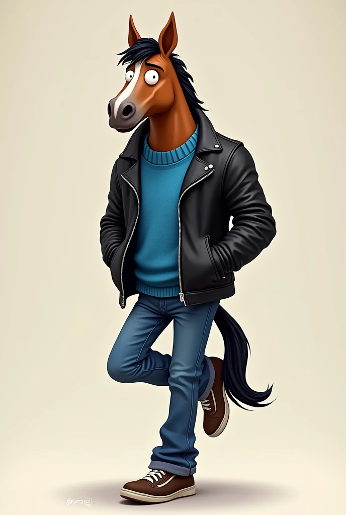 A human horse dressed in a blue sweater, a black leather jacket and blue jeans. The horse has brown and black fur.. He is seen in his full body and is only supported on one foot, the other is crossed by his knee.. The plane is frontal.
All this illustrated in the style of the Bojack Horseman series.