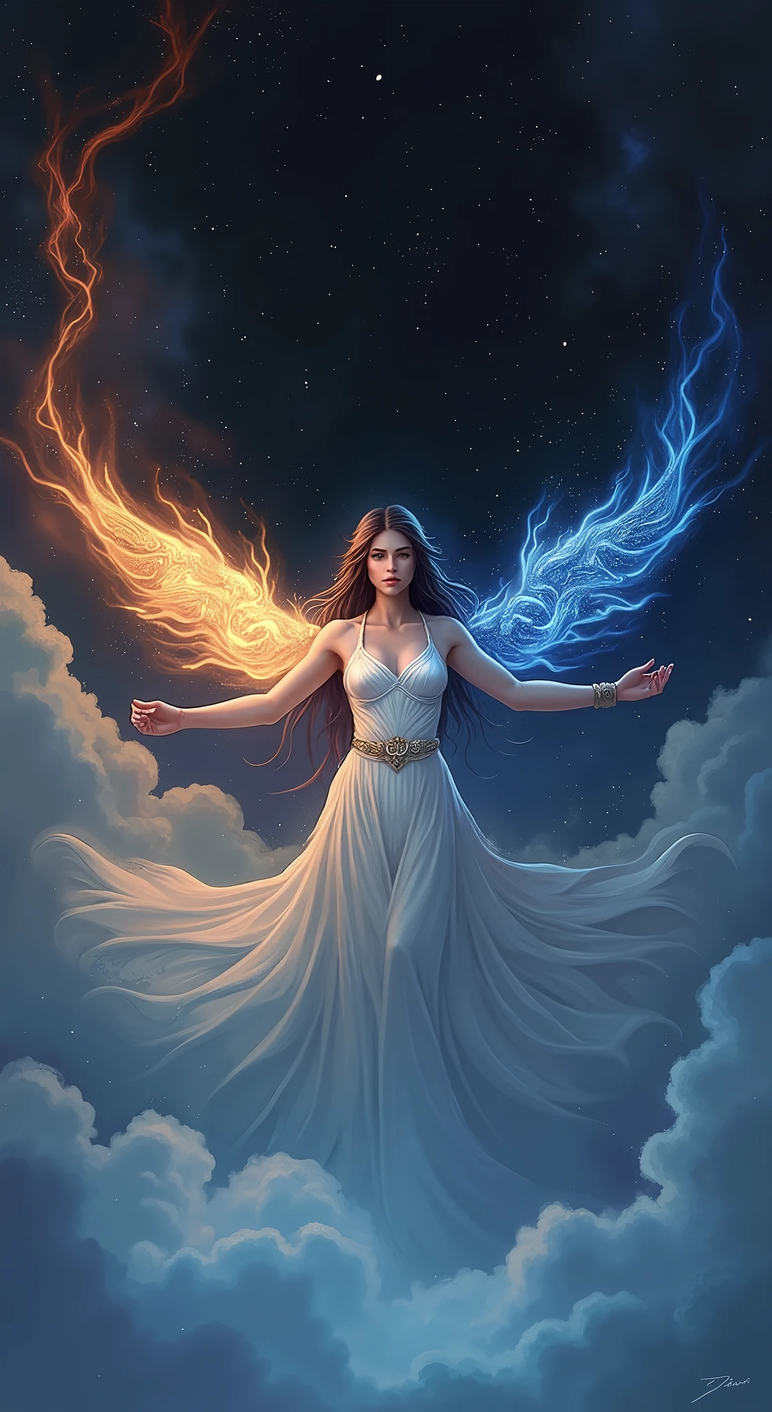 greek goddess of wrath and serenity, keeper of the cosmic equilibrium, a goddess that possess two powers, chaos and order, and is said to be the creator of everything, that keeps balance between life and death, chaos and order, and holds two artifacts depicting her powers. her artifacts contains dark and light energy
