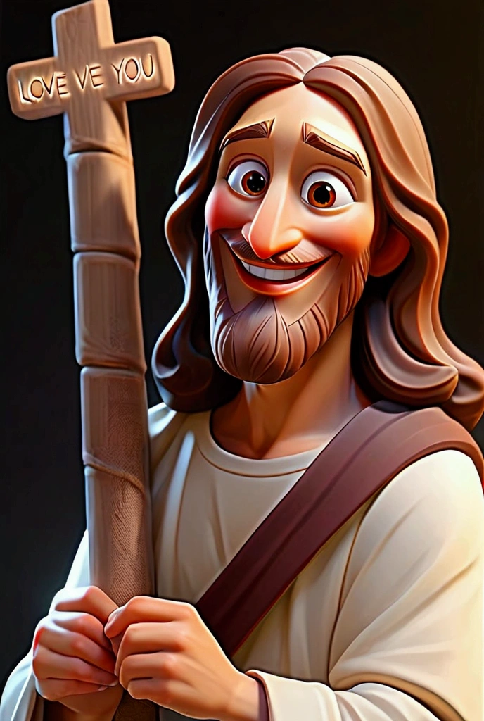 Jesus Christ smiling holding a sign that says I love you 