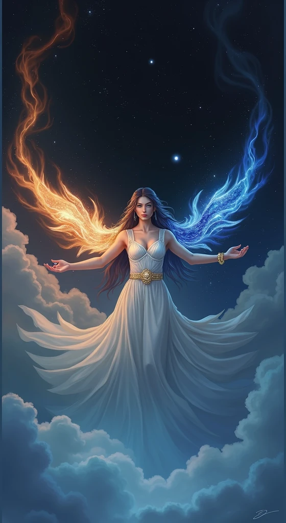 Na obra de arte divinamente equilibrada, An icon is split, Expondo um contraste marcante entre dois mundos. At the center of the composition, Dois anjos, um masculino e o outro feminino, Embrace in a celestial dance suspended in the air. The duality between these entities transcends the image itself. O anjo masculino se encontra em um reino sombrio e infernal, Immersed in treacherous flames that dance with a mischievous ferocity. His figure is shrouded in a shroud of darkness, emanating a mysterious and menacing aura. Your presence radiates power, e autoridade, Like you're the guardian of the underworld. No entanto, Ao lado dele, The feminine angel occupies an angelic space, onde a luz celestial banha sua forma delicada. She floats in a luminous paradise, where the landscape is a spectacle of indescribable beauty. Florescendo ao seu redor, Idyllic gardens and lush landscaping exude a sense of peace and serenity. She embodies grace and purity, Uma paisagem de beleza divina. This extraordinary image is a tribute to the eternal duality of life, To the eternal struggle between light and shadow. Ela serve como um lembrete de que, even in the darkest situations, Hope and Beauty Can Blossom, and harmony is in the balance of all things. Uma arte de boa qualidade encapsula essa dualidade de maneira impressionante, Dividing the screen into two icons that represent the extremes of existence, mas que juntos, Create an image of undeniable splendor.