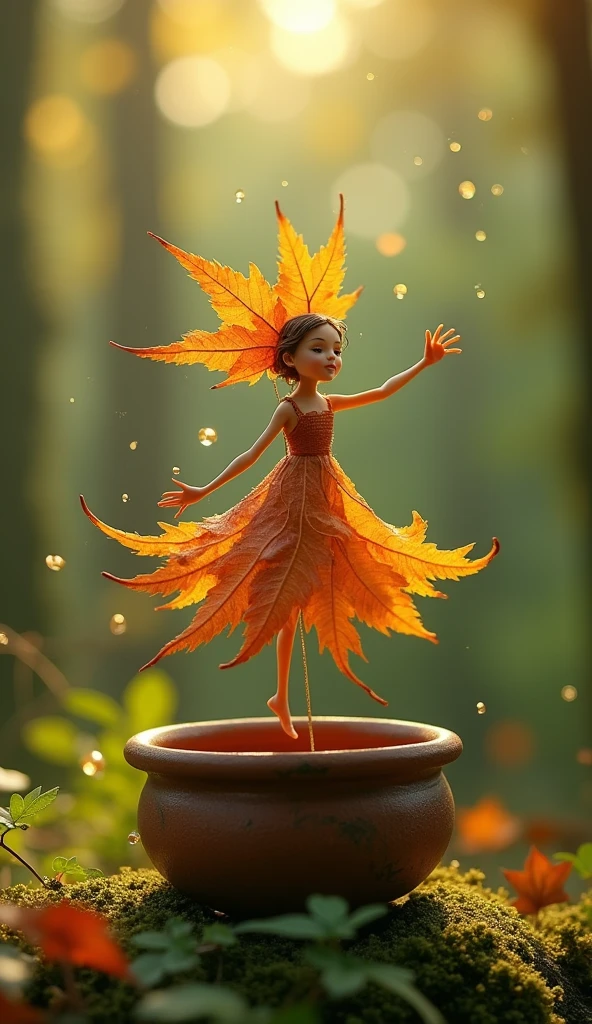 A whimsical miniature figure composed of delicately arranged autumn leaves, poised in a carefree dance on the rim of a weathered, moss-covered terracotta pot, set against a lush, vibrant forest backdrop. Dappled sunlight filters through the canopy above, casting intricate shadows. The overall aesthetic is ethereal, with warm, earthy tones of sienna, umber, and olive green, infused with hints of emerald and golden light, evoking a sense of wonder and enchantment, as if plucked from a fantastical realm. The leaves, elongated to enhance their height, glisten with droplets of water, adding to the magical, dreamy atmosphere.