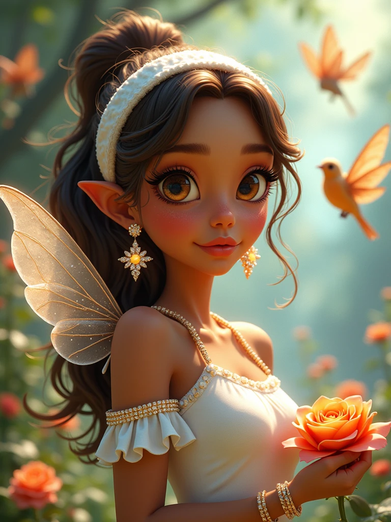 Pretty brown skin fairy, with her bird, wearing beautiful fashionable casual clothes, white headband, sparkling make up, beautiful sparkling earrings, 🌹, sparkling jewelries, sparkling pictures, fantasy, real cartoon 3D, surrounded by beautiful birds