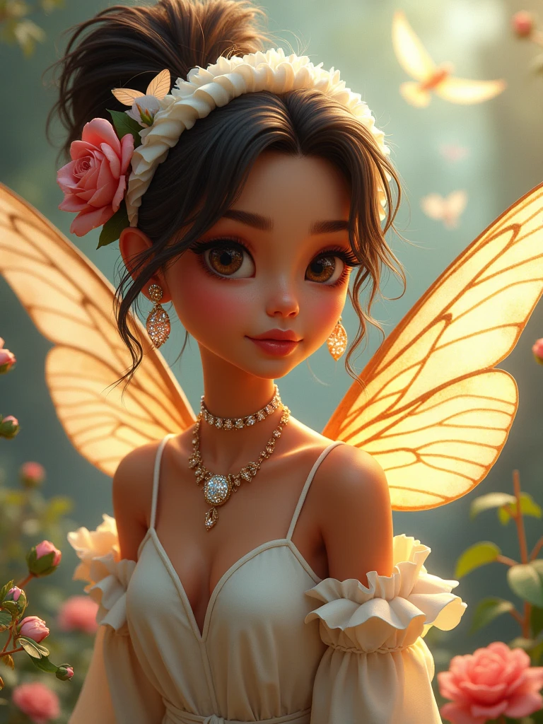 Pretty brown skin fairy, with her bird, wearing beautiful fashionable casual clothes, white headband, sparkling make up, beautiful sparkling earrings, 🌹, sparkling jewelries, sparkling pictures, fantasy, real cartoon 3D, surrounded by beautiful birds