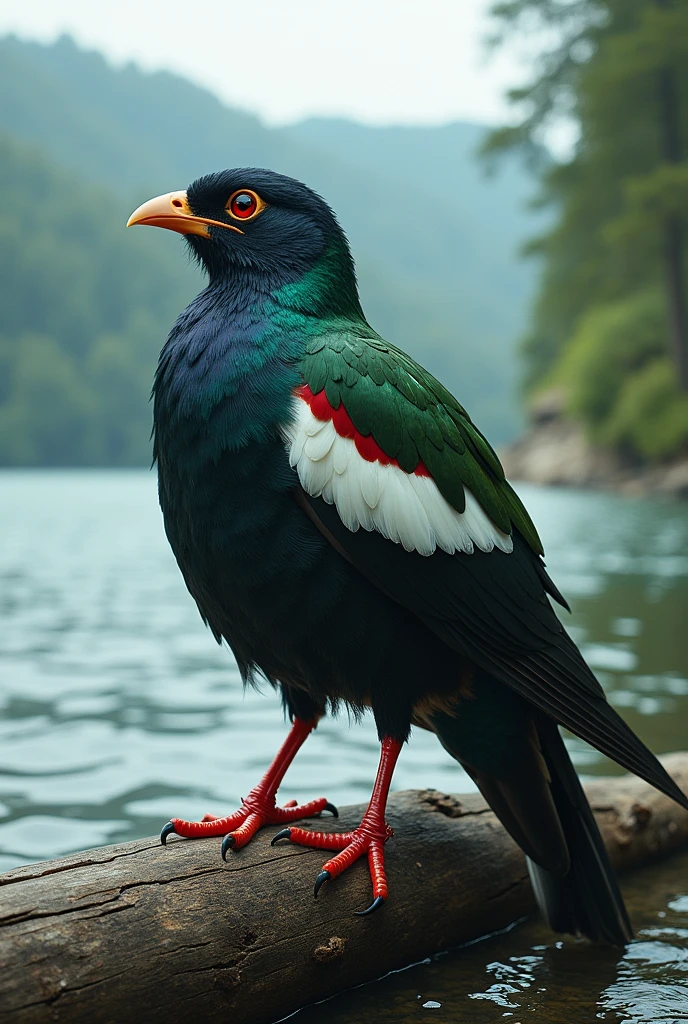 A bird sit on wood fallen near the big river size of bird is very large eye is of red colour and bird is of black and green and white and blue colour but this bird is spparow