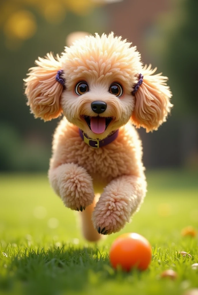 champagne colored poodle running after a ball happily