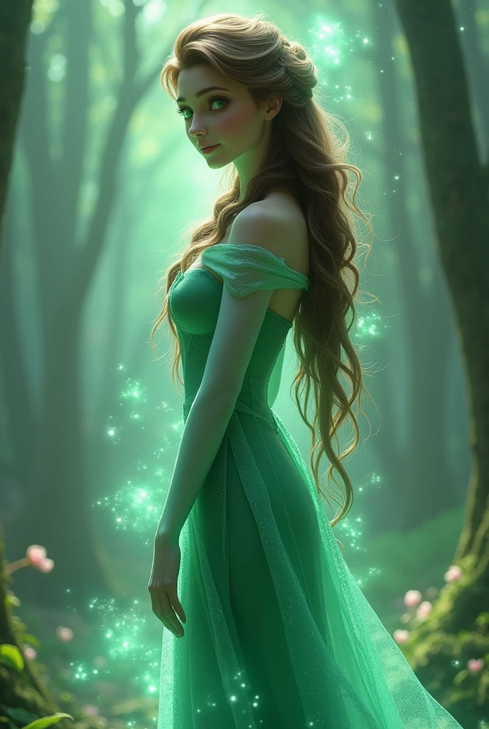 Image of a Green Elsa turning half of her body invisible with brown hair