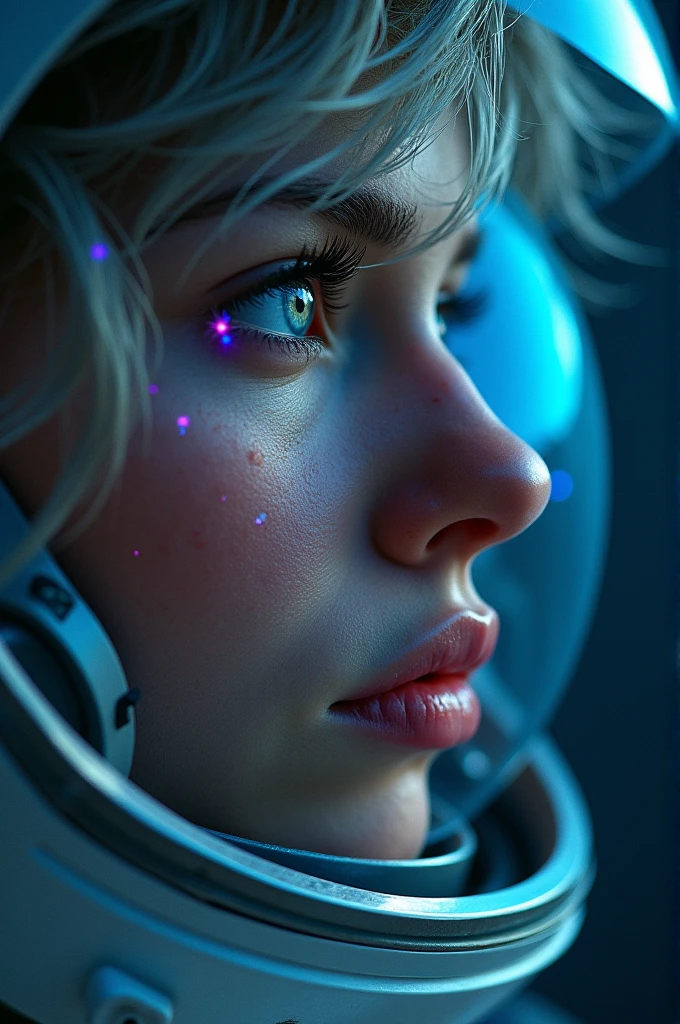 (Close-up of a better masterpiece:1.5)0.9], (Space and astronauts:1.2) (Messy silver hair:1.1) (Heterochromia xanthochromia and blue eyes:1.2) (Space Helmet:1.0) (Colored stars in the eyes:1.0) (A radiant glow:1.1) (thick lips:0.9)