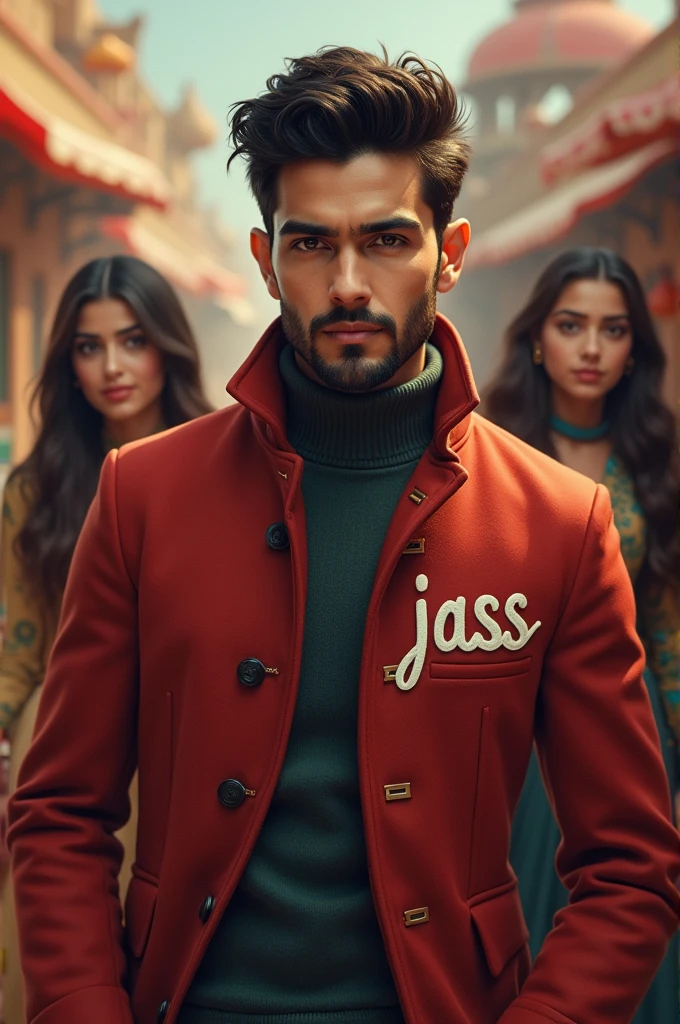"Handsome young man with 'Jass' written on his coat. Two girls in the background looking at him. Punjabi style with a cultural touch visible."