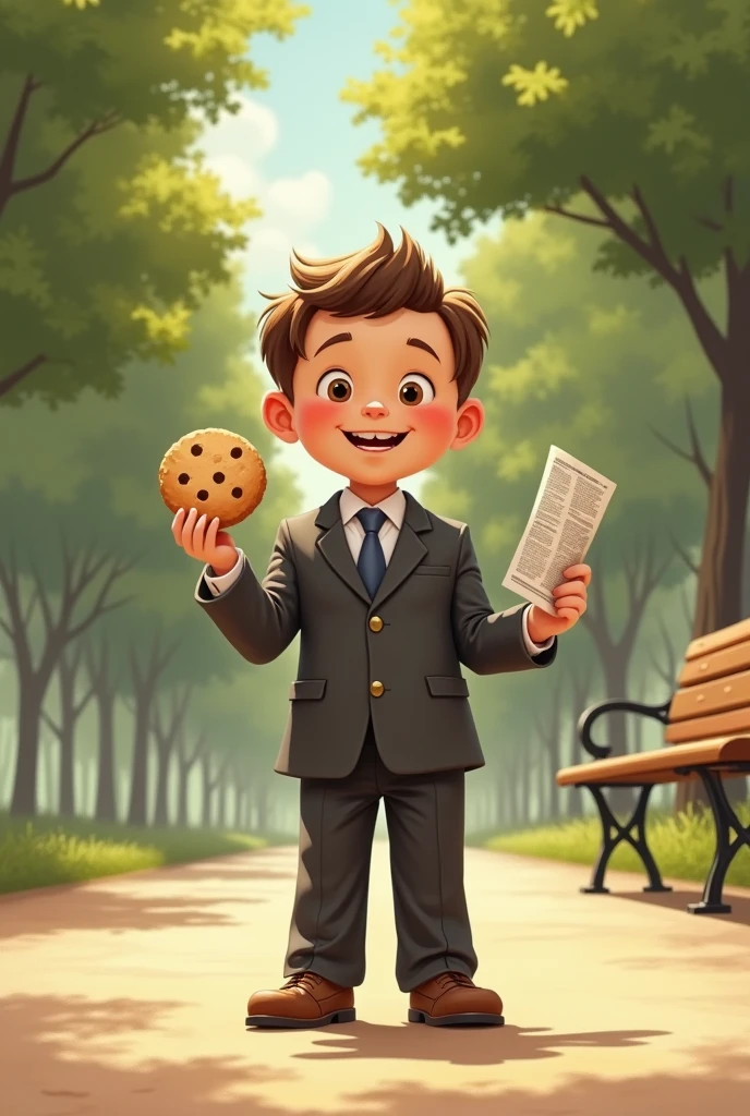 "A sunny park with trees and a bench in the background. A 5- boy stands at the center, dressed in an oversized adult suit with large pants, a buttoned shirt, a tie, and shoes that are clearly too big for him. The boy is smiling, holding a large cookie in one hand and pretending to read a newspaper with the other. The scene is warm and nostalgic, with soft, warm colors that evoke a sense of innocence and childhood memories. The overall atmosphere is peaceful and inviting, capturing the contrast between childhood playfulness and adult roles."