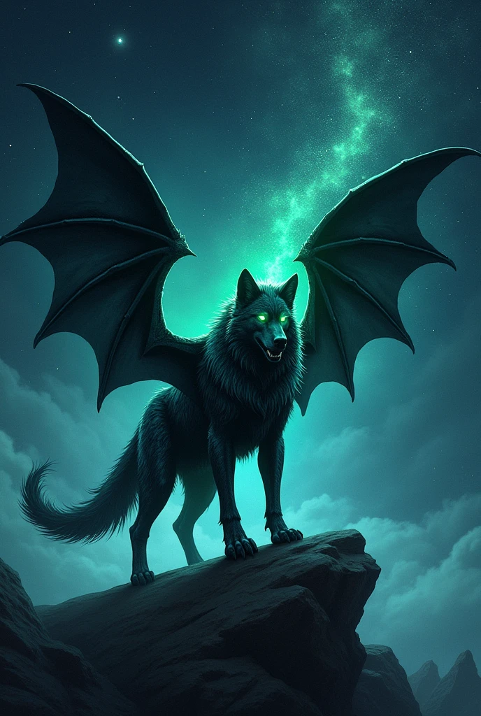 Create a bat-winged wolf constellation in a starry sky, His eyes are 2 green stars