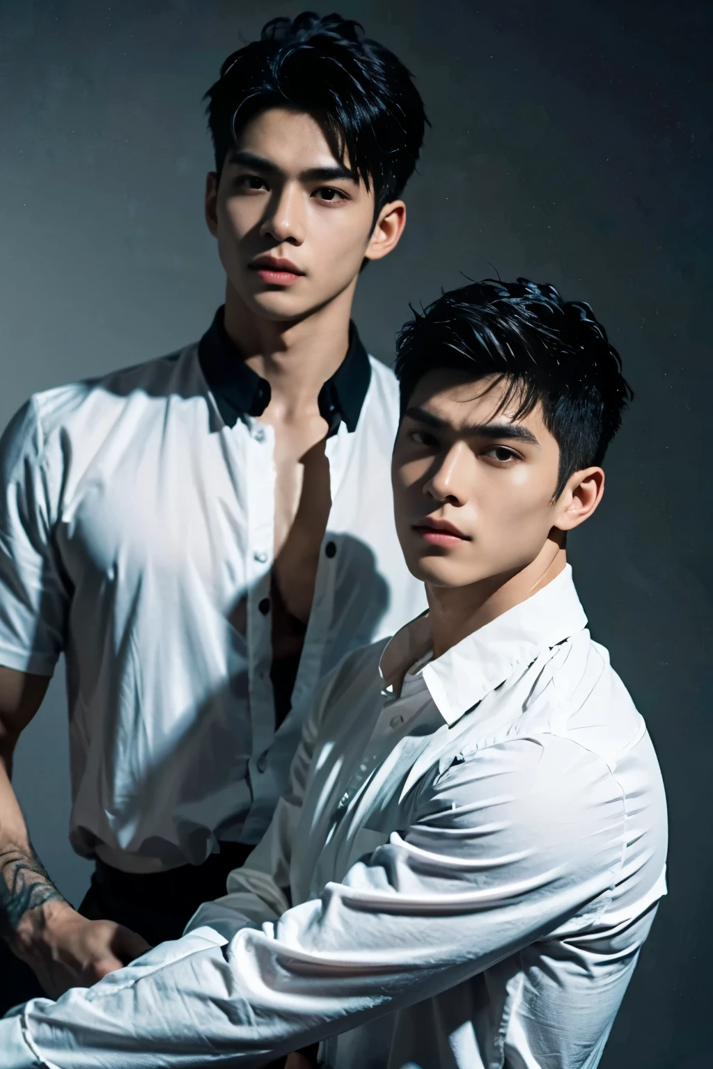 ((Masterpiece)),((best quality)),8ก,Highly detailed,Very detailed, Neutral expression, Stylish pose, Real skin texture, movie light,
Asian gay couple, black hair, black eyes, both wearing white shirts, muscular.