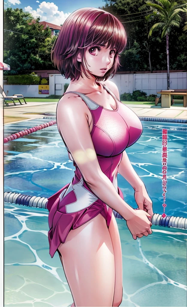 A beautiful woman with short hair, big breasts and beautiful legs is wearing a bright pink high-cut competitive swimsuit with the arena logo and is standing with her legs spread to the sides by the pool, talking to a middle-aged male teacher.。