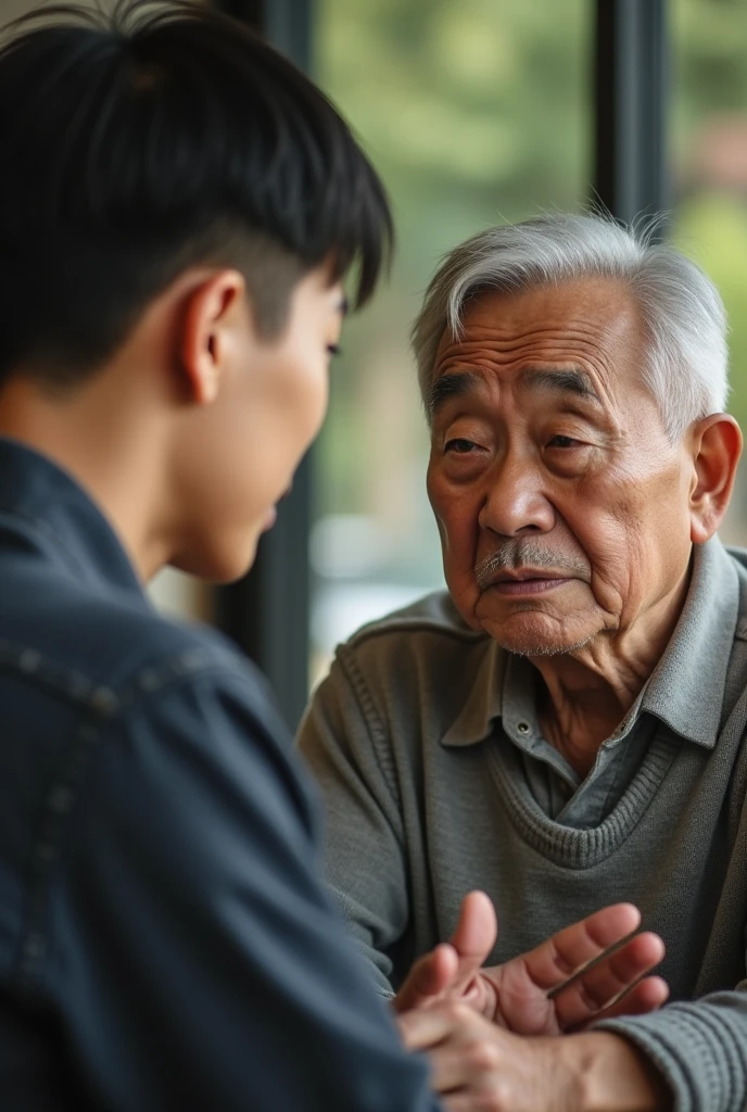 Young man is arguing with grandfather. They are both chinese nationality. Horizontal image. 
