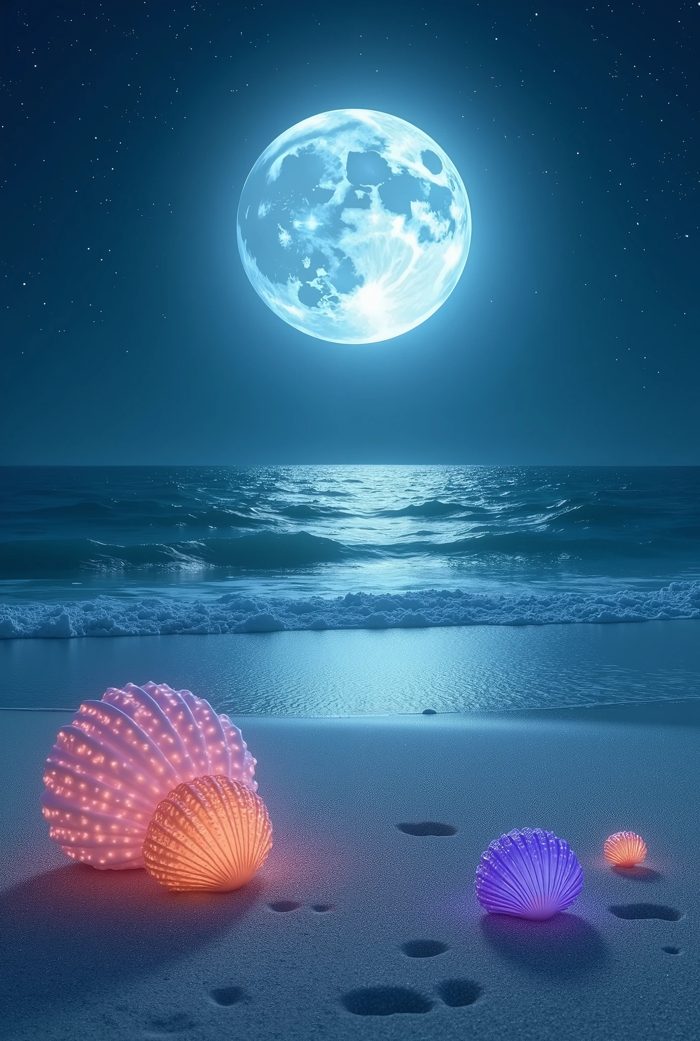 Imagine a beach of fine sand, but this sand is sparkling white, almost phosphorescent under the silvery light of a gigantic and close moon. The sea, of a deep blue, is so calm that it looks like a mirror, perfectly reflecting the starry sky. Gentle waves gently wash ashore, where huge colorful shells rest, emitting a soft marine melody that soothes the soul.
