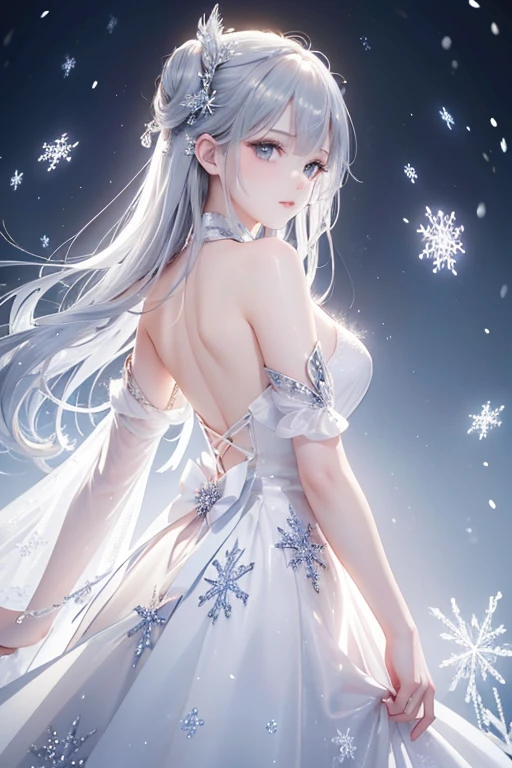 (masterpiece:1.2), Best Quality, (illustration:1.2), (ultra detailed), hyper details, (delicate detailed), (intricate details), (cinematic light, Best Quality Backlights), Delete line, soloist, perfect body, (1 girl), A (((pretty girl))) with flowing hair and sleeves, caught in a moment of whimsically capturing (((silver snowflakes))), their ethereal forms falling softly around her, high contrast, (better lighting, an extremely created and beautiful), (cinematic light), showy,