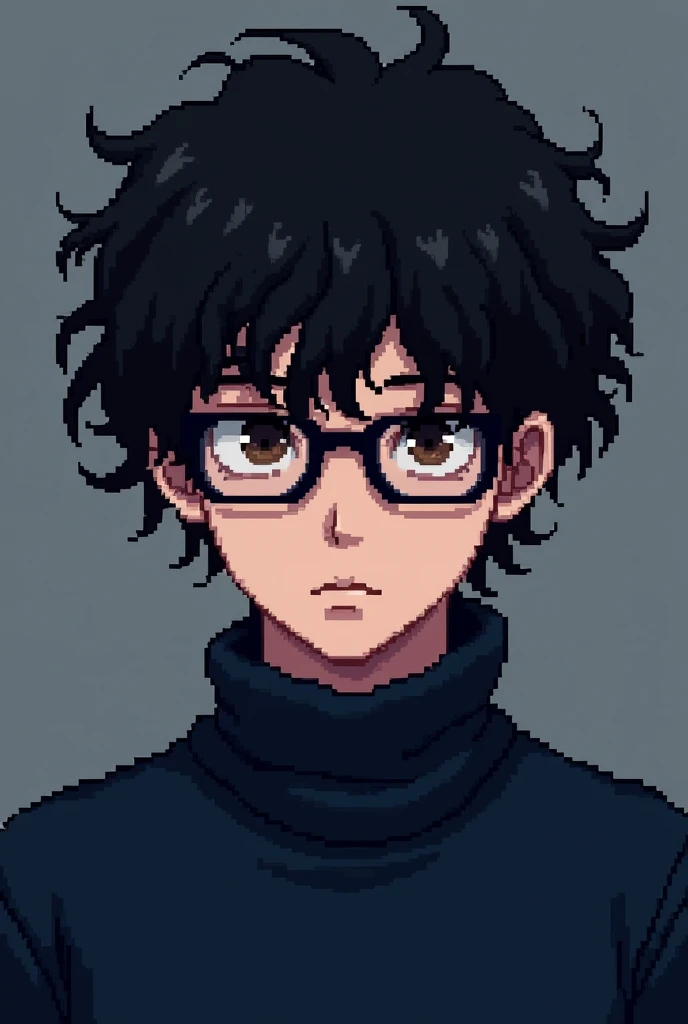 Strong emo pixel art man with black curly hair, wearing glasses and a navy blue sweater, eyes browns, facing the front